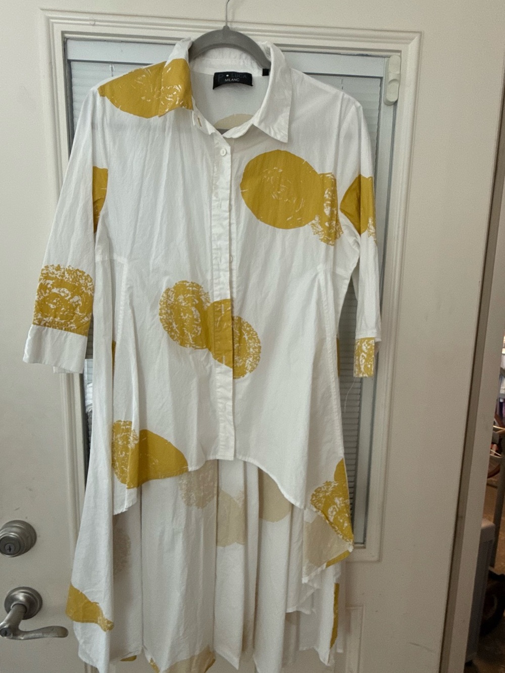 Button-Front White High-Low Dress with Mustard Dot Print